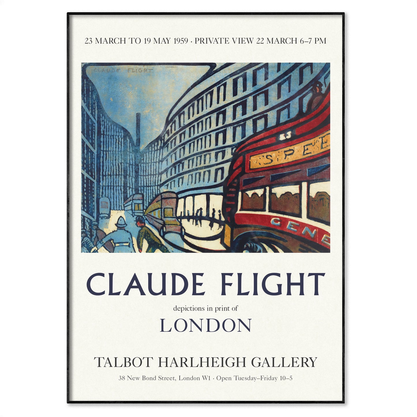 A framed vintage-style poster print featuring an illustration of London street scenes with a red double-decker bus and the text 'Claude Flight' and 'Talbot Harleigh Gallery'.