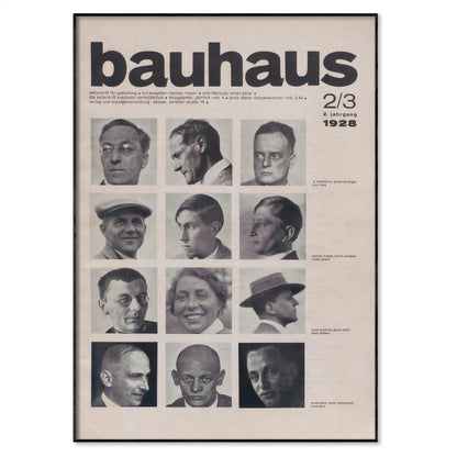 A framed Bauhaus magazine cover from August 5, 1928, featuring the word 'bauhaus' in large black letters at the top and a grid of black-and-white portrait photographs of architects and designers below, shown against a light neutral background.
