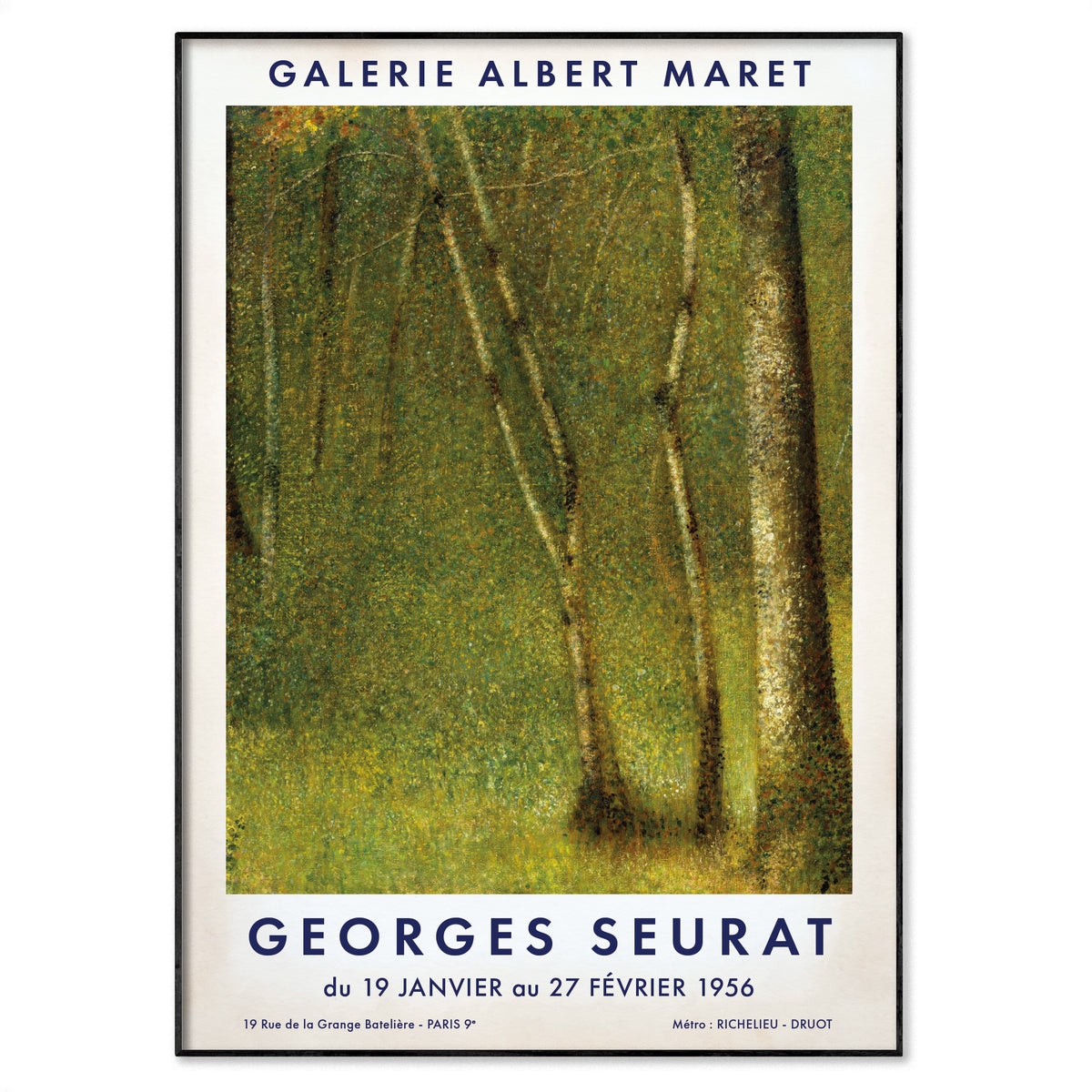 A framed poster print featuring Georges Seurat's painting of birch trees, with the text 'GALERIE ALBERT MARET' at the top and 'GEORGES SEURAT' at the bottom, shown against a white background.