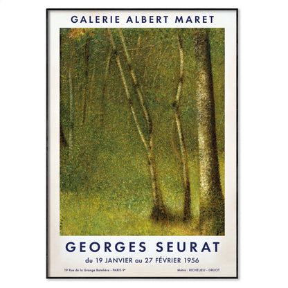 A framed poster print featuring Georges Seurat's painting of birch trees, with the text 'GALERIE ALBERT MARET' at the top and 'GEORGES SEURAT' at the bottom, shown against a white background.