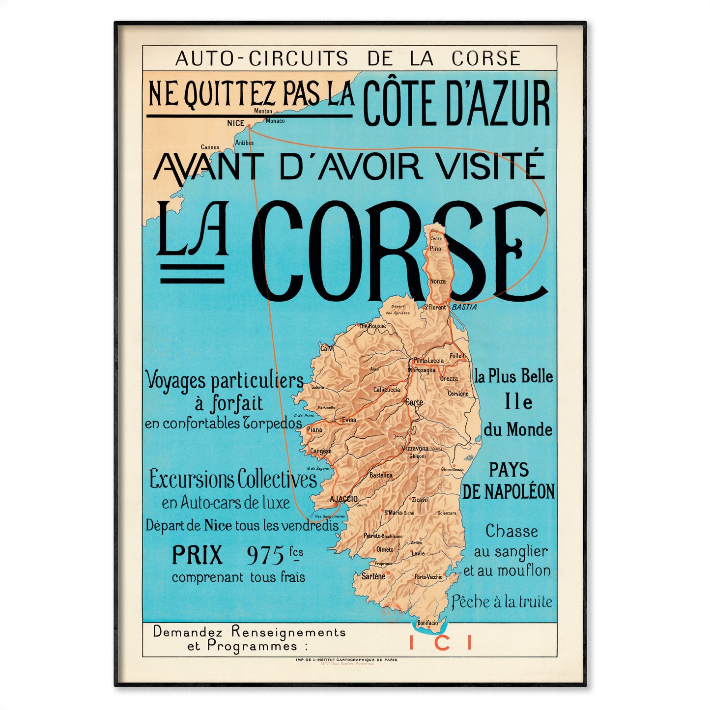 Vintage-style map poster of Corsica with promotional text in French