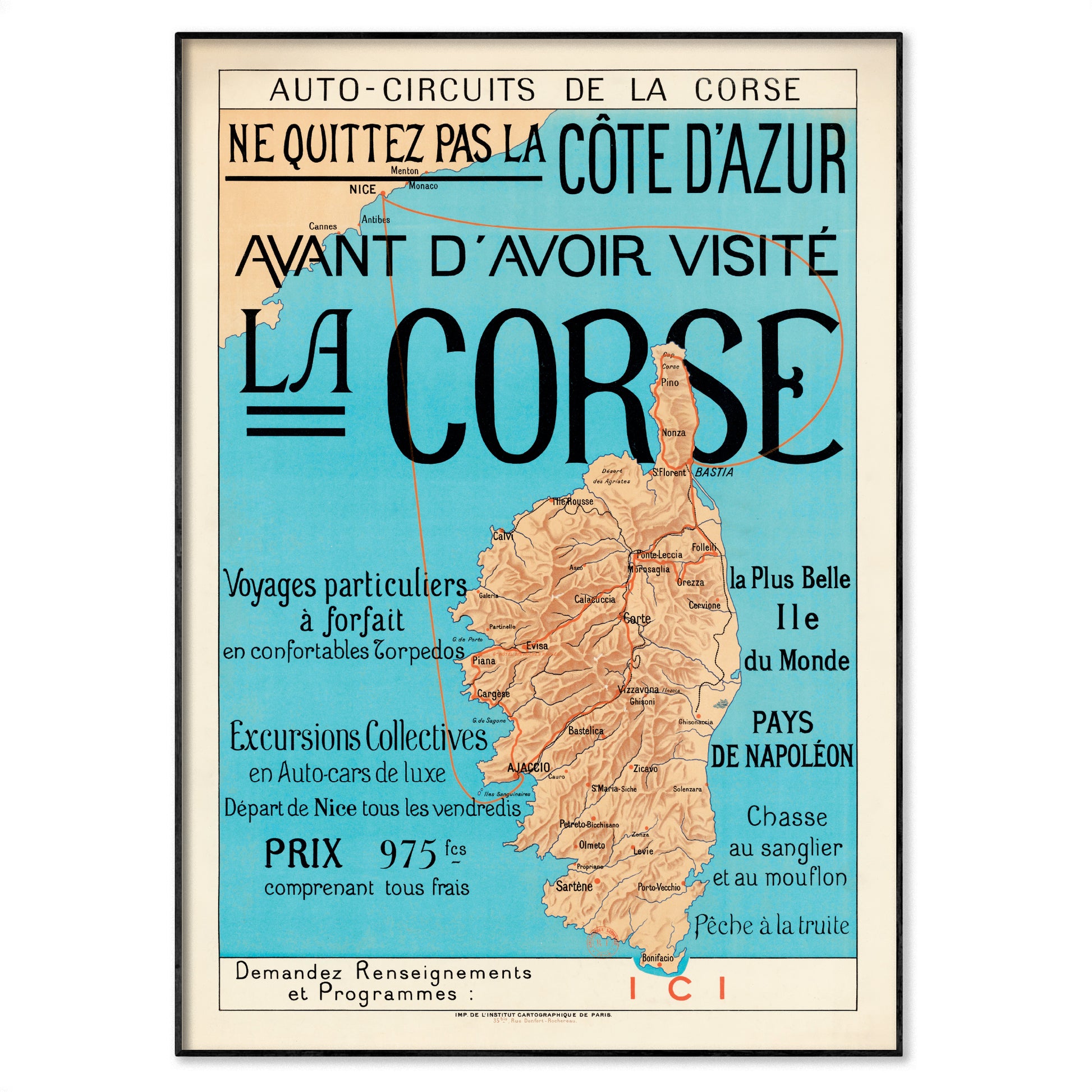 Vintage-style map poster of Corsica with promotional text in French