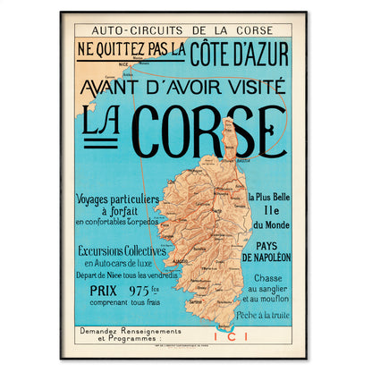 Vintage-style map poster of Corsica with promotional text in French