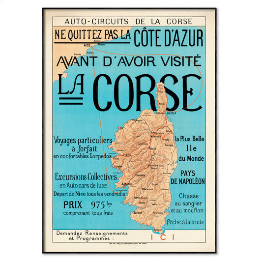 Vintage-style map poster of Corsica with promotional text in French