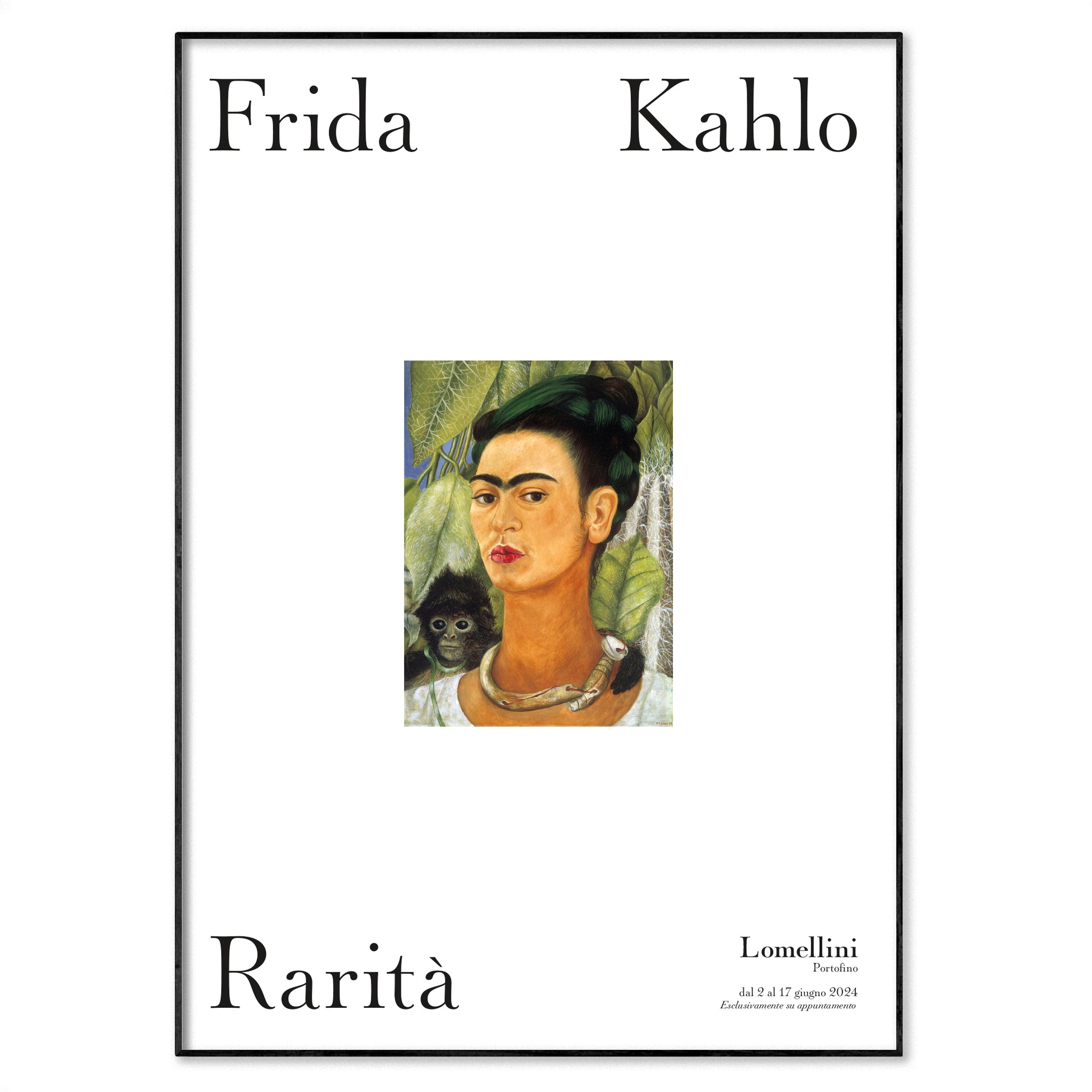 Frida Kahlo poster with portrait and text on a white background
