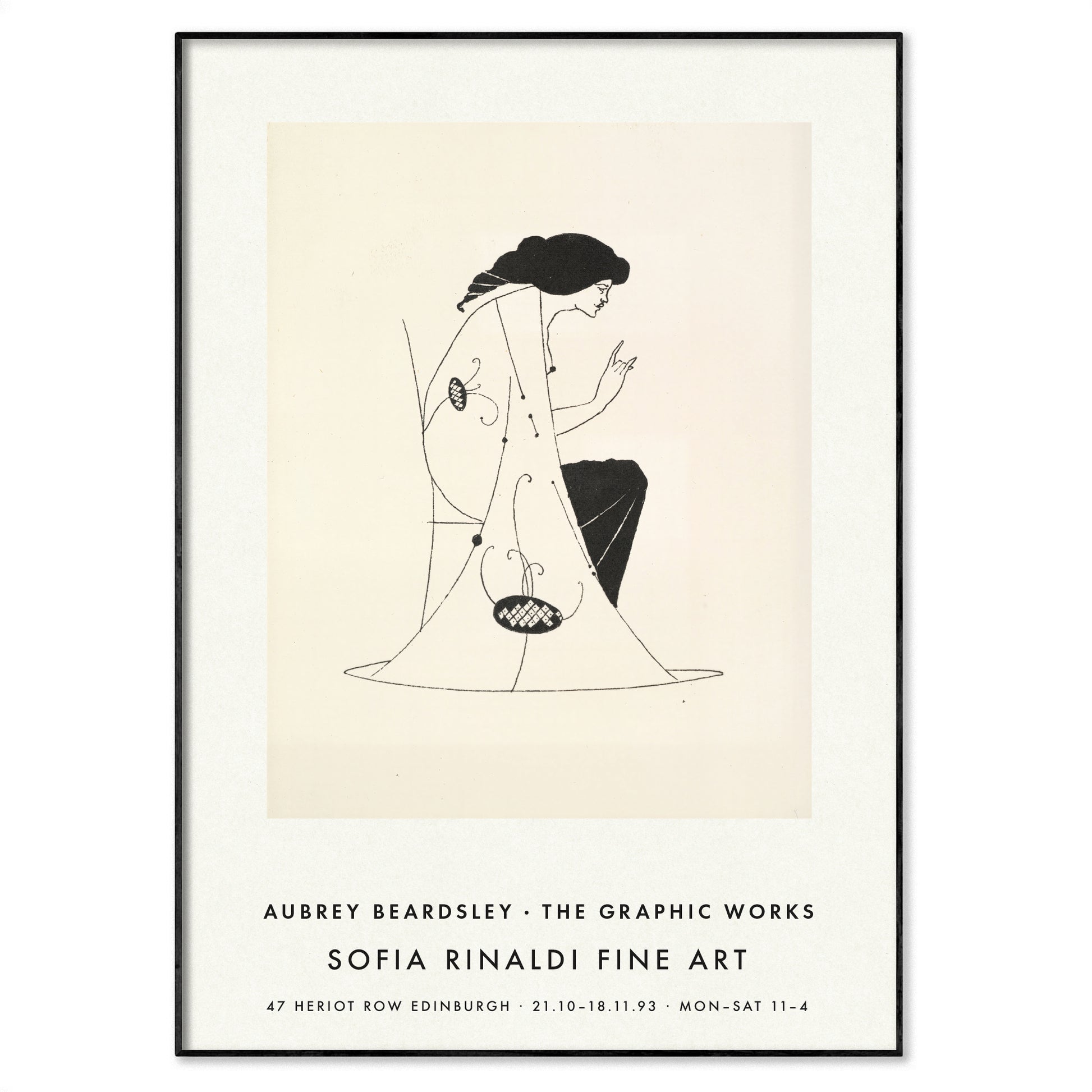 Aubrey Beardsley 'Seated Lady' Art Nouveau exhibition poster in a slim black frame on a neutral wall