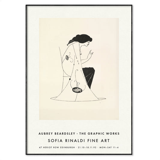 Aubrey Beardsley 'Seated Lady' Art Nouveau exhibition poster in a slim black frame on a neutral wall