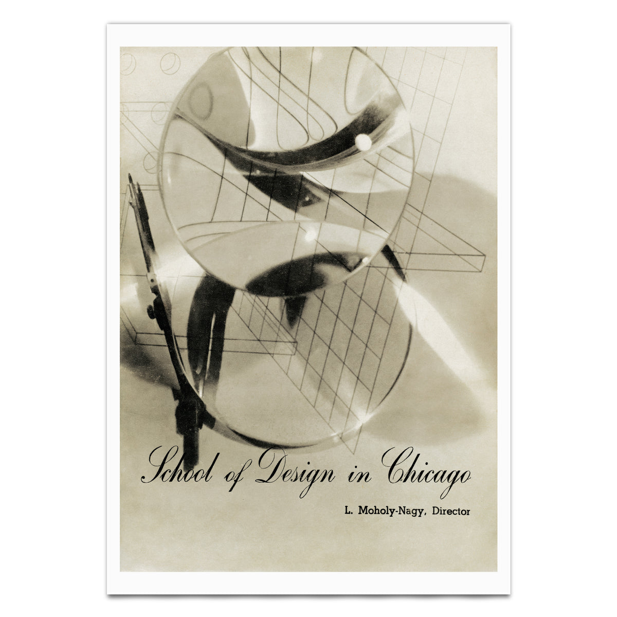 A vintage-style poster or print featuring an abstract composition of overlapping circular forms and geometric lines in sepia tones, with the text 'School of Design in Chicago' and 'L. Moholy-Nagy, Director' near the bottom.