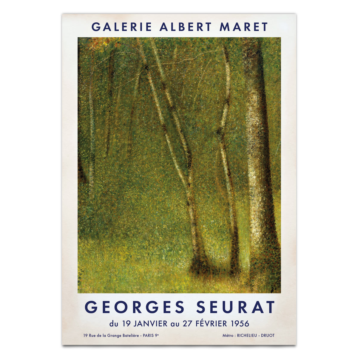 A poster print featuring Georges Seurat's painting of birch trees in a forest, with the text 'GALERIE ALBERT MARET' at the top and 'GEORGES SEURAT du 19 JANVIER au 27 FÉVRIER 1956' on a cream background.