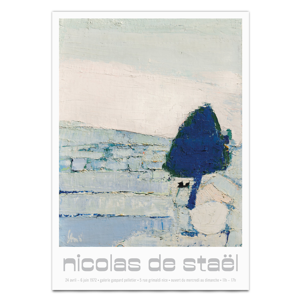 A vertical art print poster featuring an abstract landscape painting by Nicolas de Staël. The artwork depicts a dark blue tree against a textured background of pale blue, white, and gray brushstrokes.