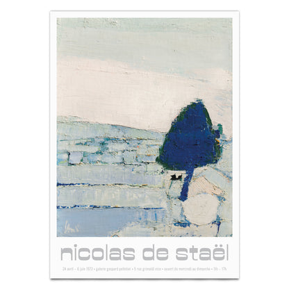 A vertical art print poster featuring an abstract landscape painting by Nicolas de Staël. The artwork depicts a dark blue tree against a textured background of pale blue, white, and gray brushstrokes.