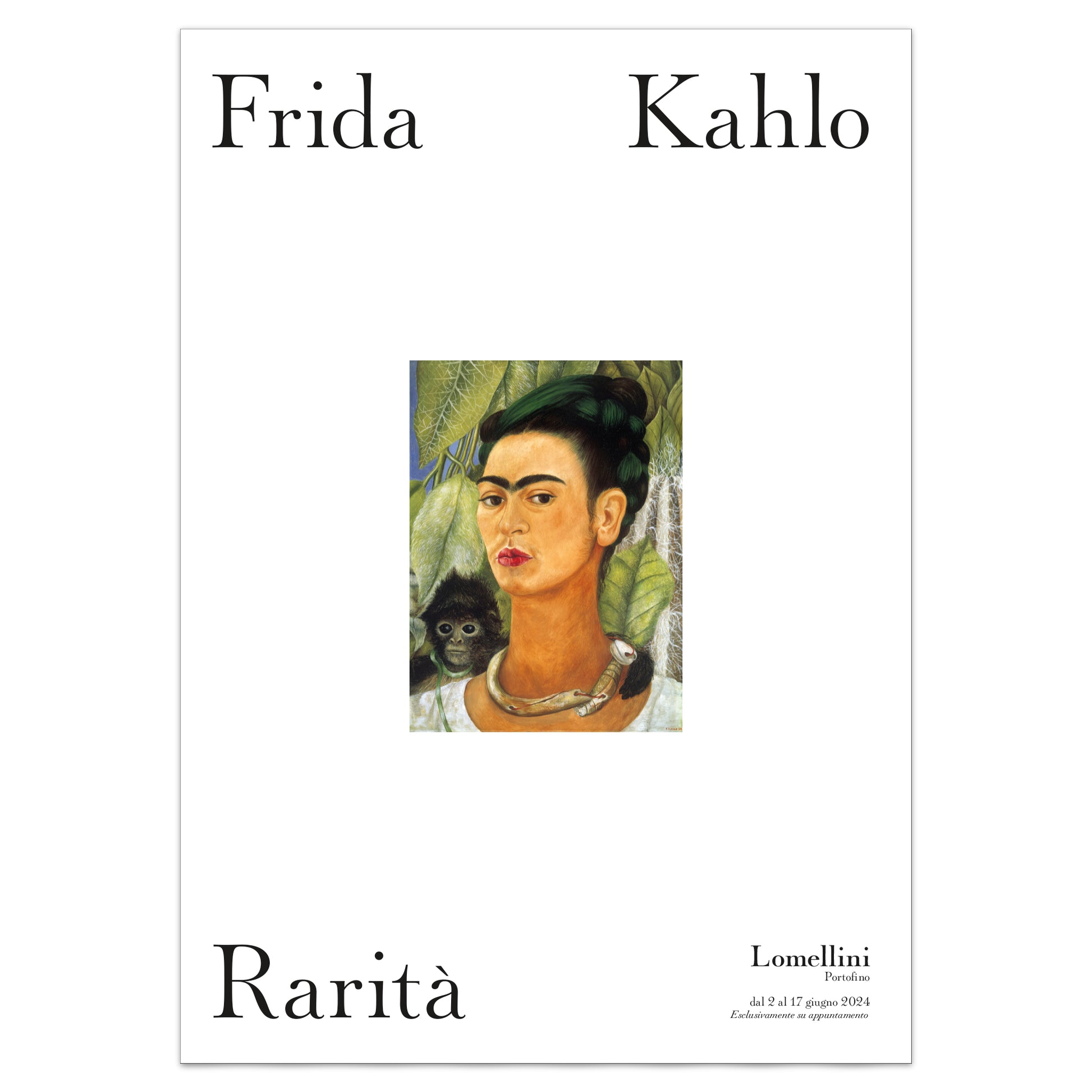 Exhibition poster of 'Frida Kahlo' with a portrait of Frida Kahlo and a monkey on a white background.
