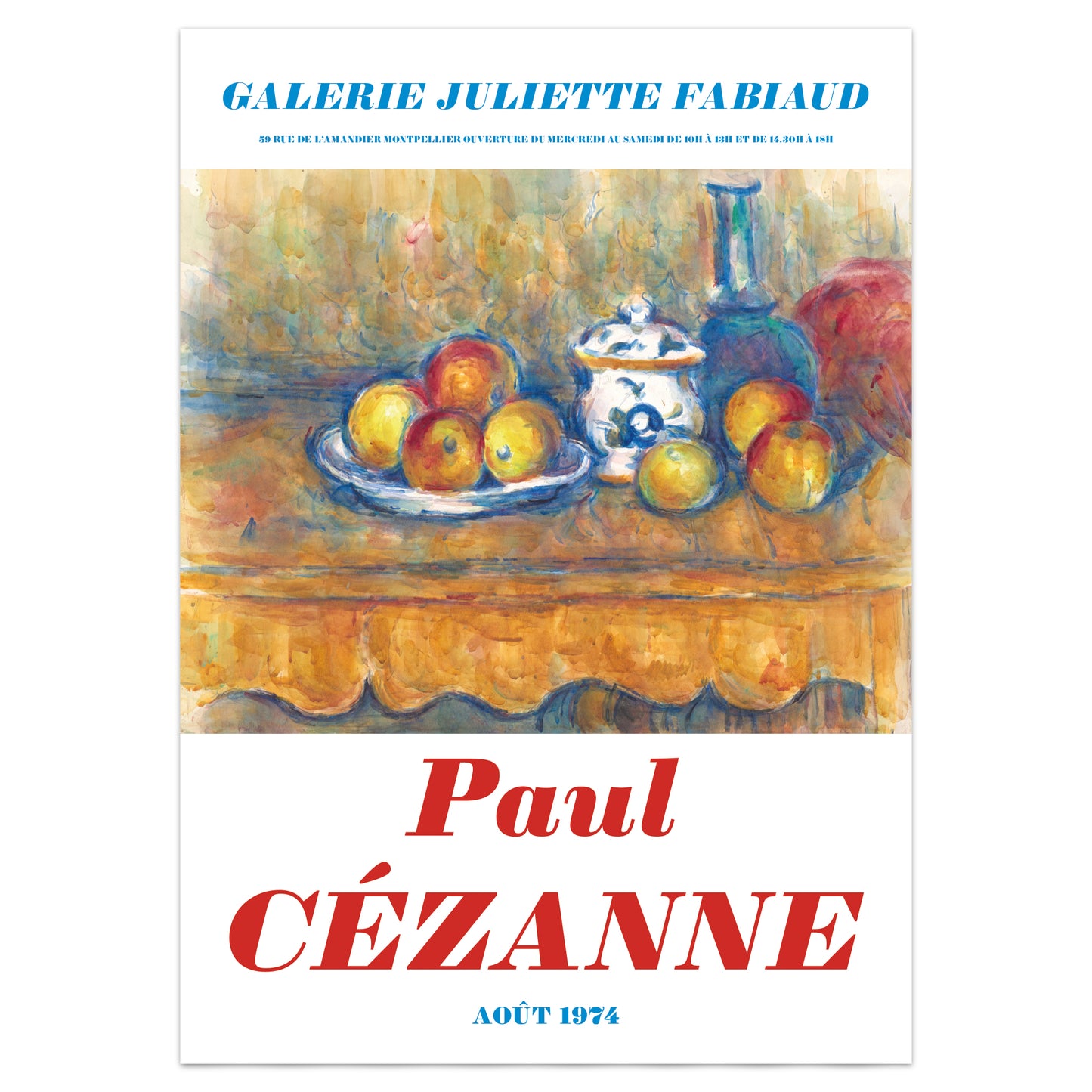 Poster of a still life painting by Paul Cézanne with 'Galerie Juliette Fablaud' text above.