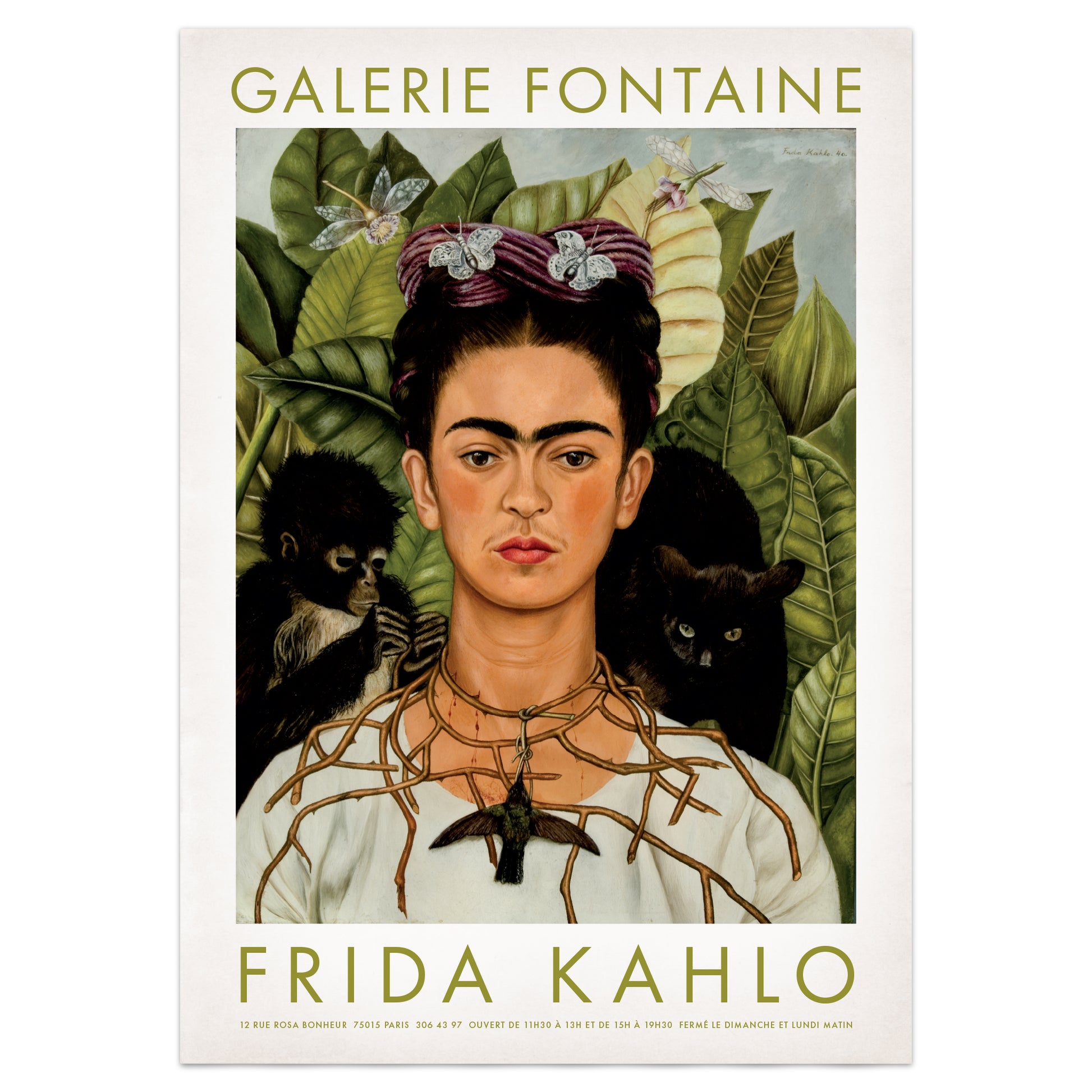 Frida Kahlo artwork with a monkey and cat, featuring Galerie Fontaine branding.