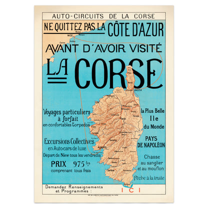 Map of Corsica with promotional text in French for travel services.