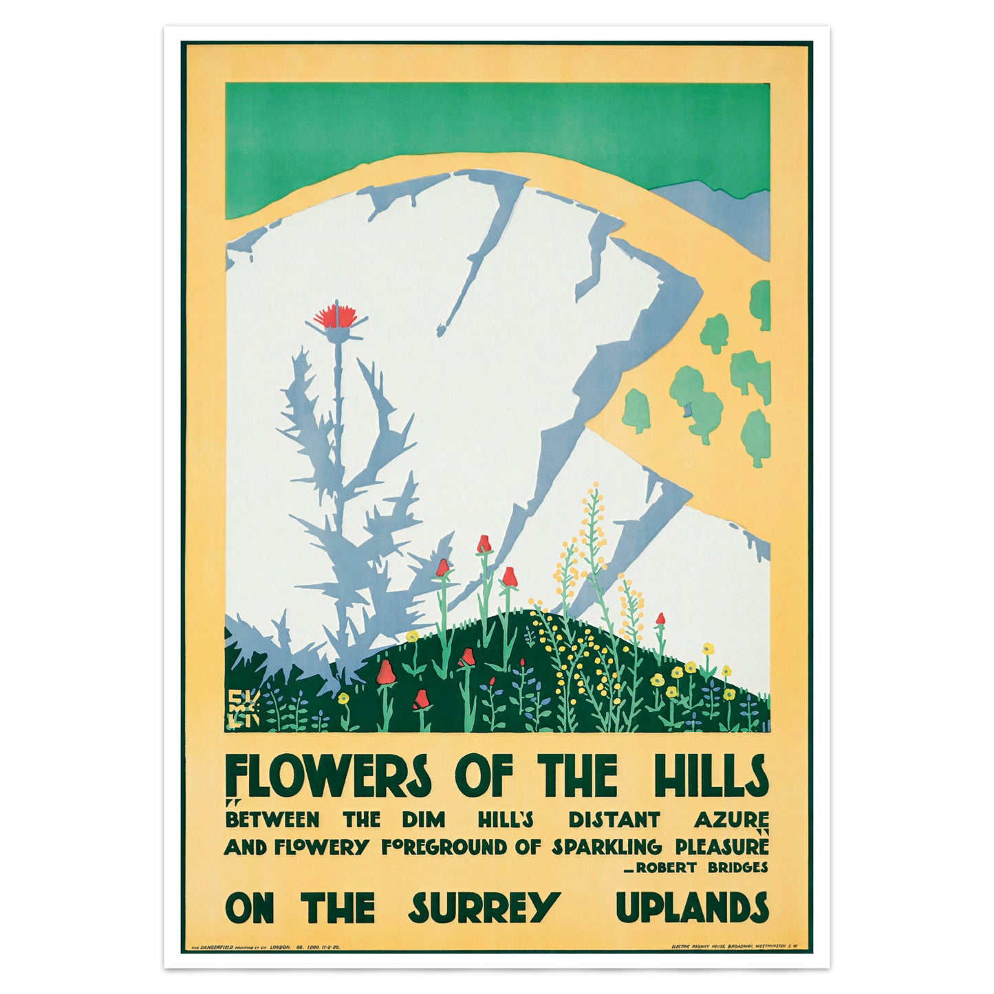 A vintage-style travel poster print titled 'Flowers of the Hills' with illustrated hills, flowers, and text reading 'On the Surrey Uplands.' Because the depicted scene itself is the product being shown, this fits Scenery rather than Product/Packaging.