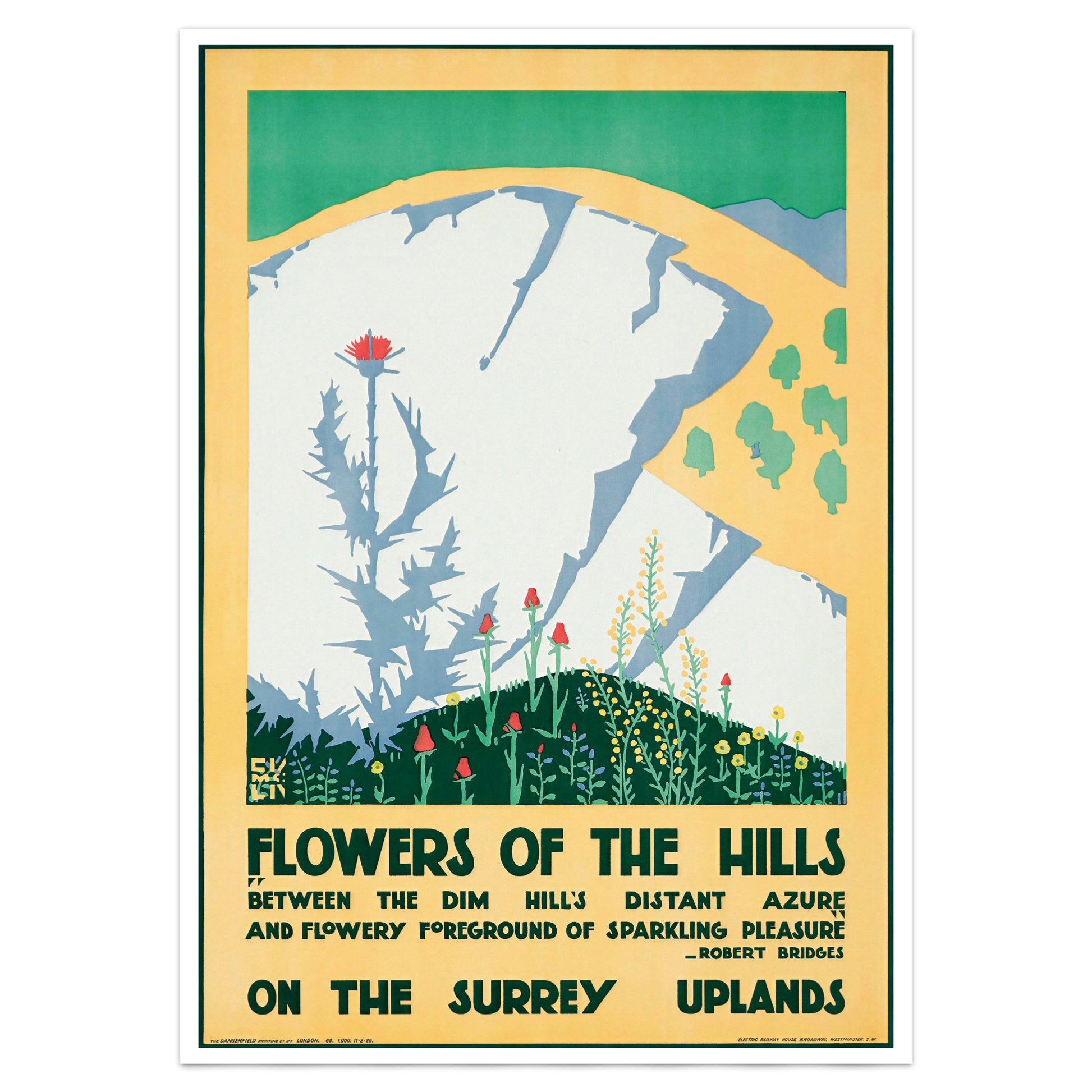 A vintage-style travel poster print titled 'Flowers of the Hills' with illustrated hills, flowers, and text reading 'On the Surrey Uplands.' Because the depicted scene itself is the product being shown, this fits Scenery rather than Product/Packaging.