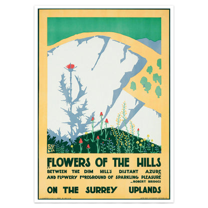A vintage-style travel poster print titled 'Flowers of the Hills' with illustrated hills, flowers, and text reading 'On the Surrey Uplands.' Because the depicted scene itself is the product being shown, this fits Scenery rather than Product/Packaging.