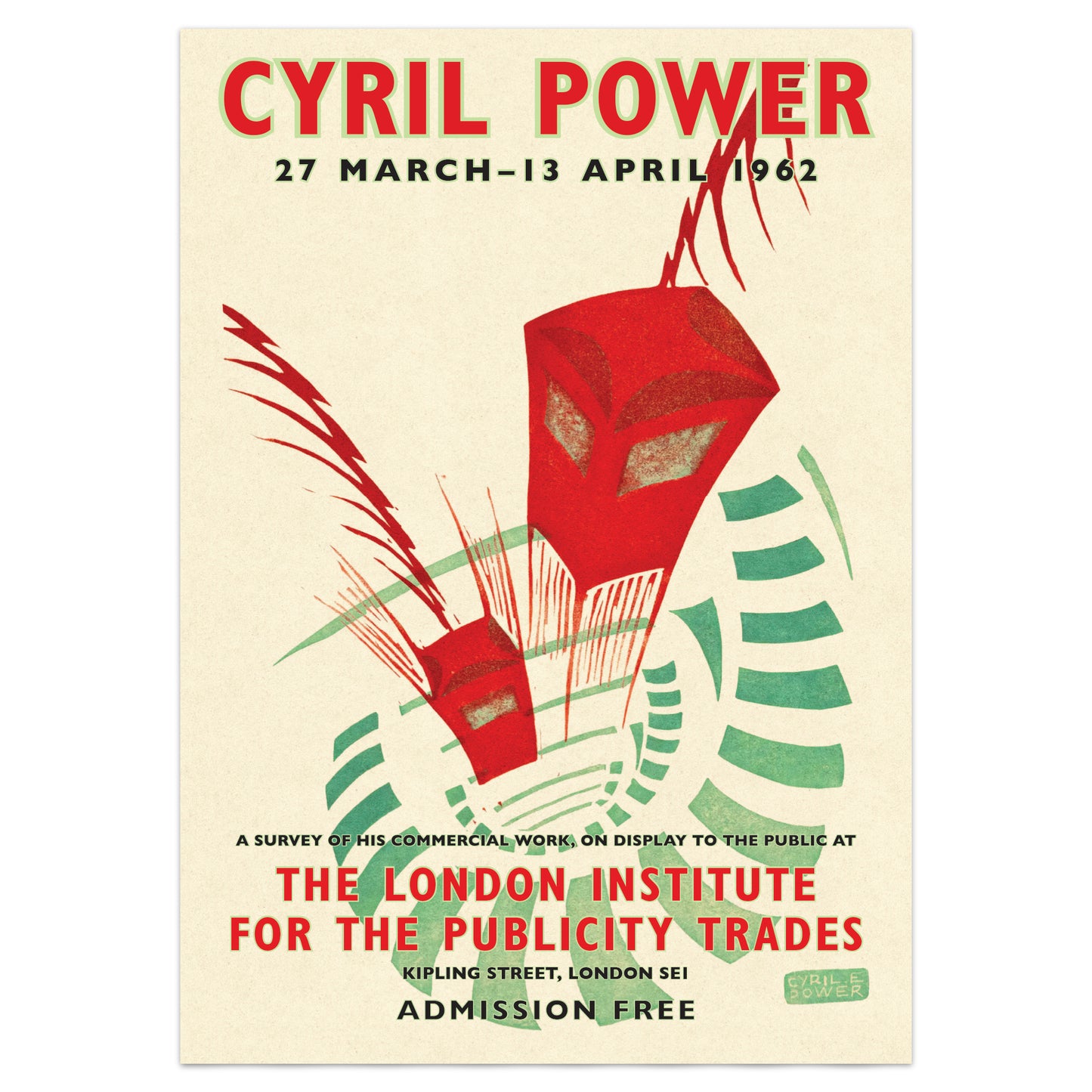 Vintage poster for Cyril Power exhibition at The London Institute for the Publicity Trades, featuring a red box and green elements.
