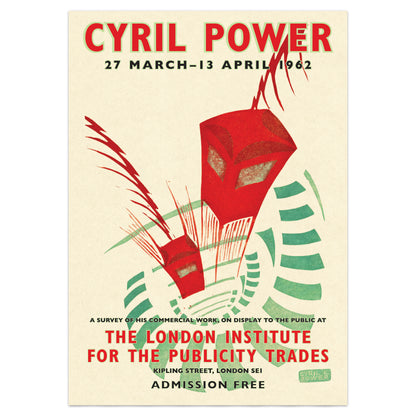 Vintage poster for Cyril Power exhibition at The London Institute for the Publicity Trades, featuring a red box and green elements.