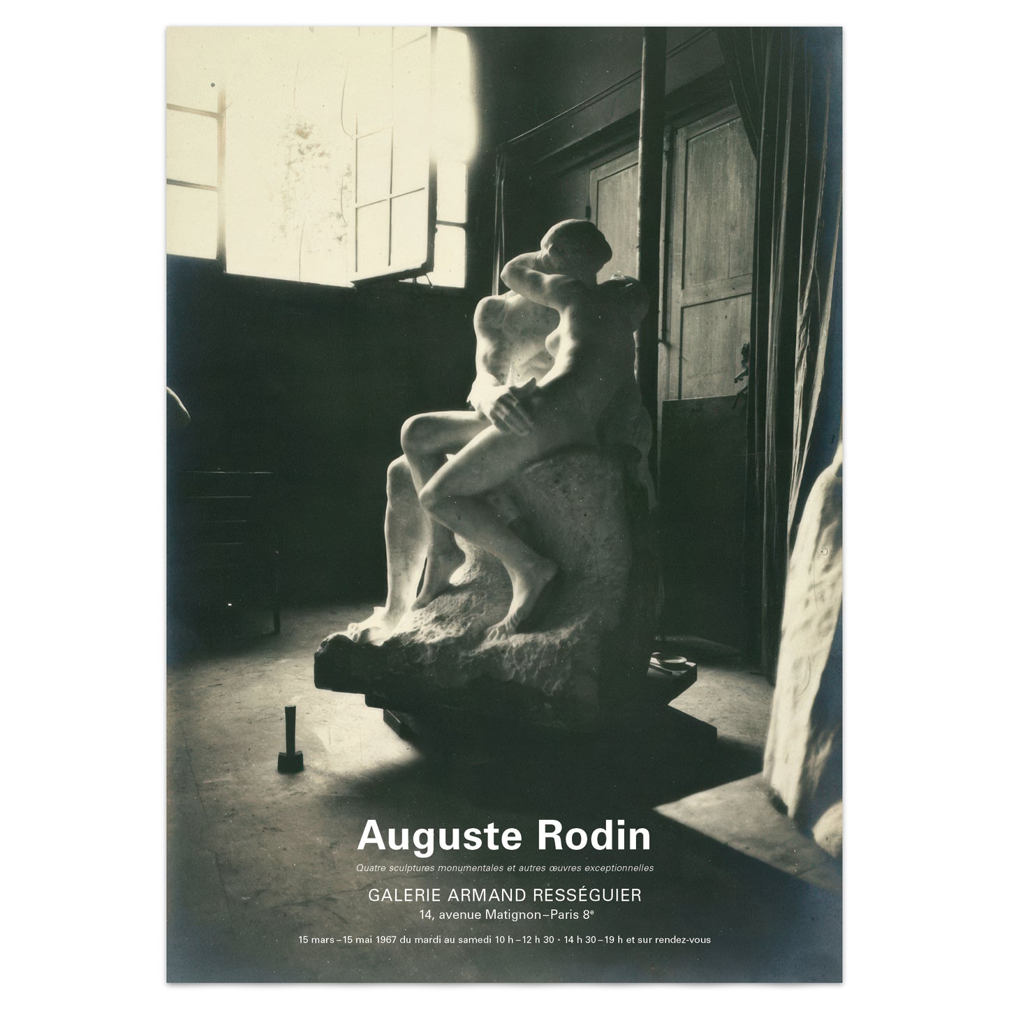 A black and white art poster featuring a photograph of an Auguste Rodin sculpture in a dimly lit studio, with the text 'Auguste Rodin' and gallery details at the bottom.