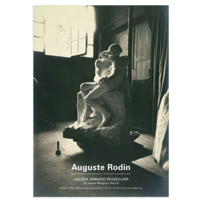 A black and white art poster featuring a photograph of an Auguste Rodin sculpture in a dimly lit studio, with the text 'Auguste Rodin' and gallery details at the bottom.