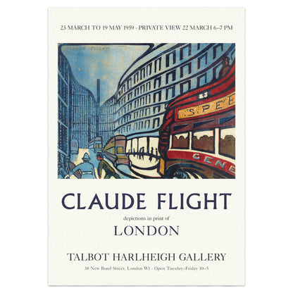 A poster print featuring a vintage-style illustration of London streets with a red double-decker bus, captioned 'Claude Flight' and 'depictions in print of London,' with gallery text at the bottom.