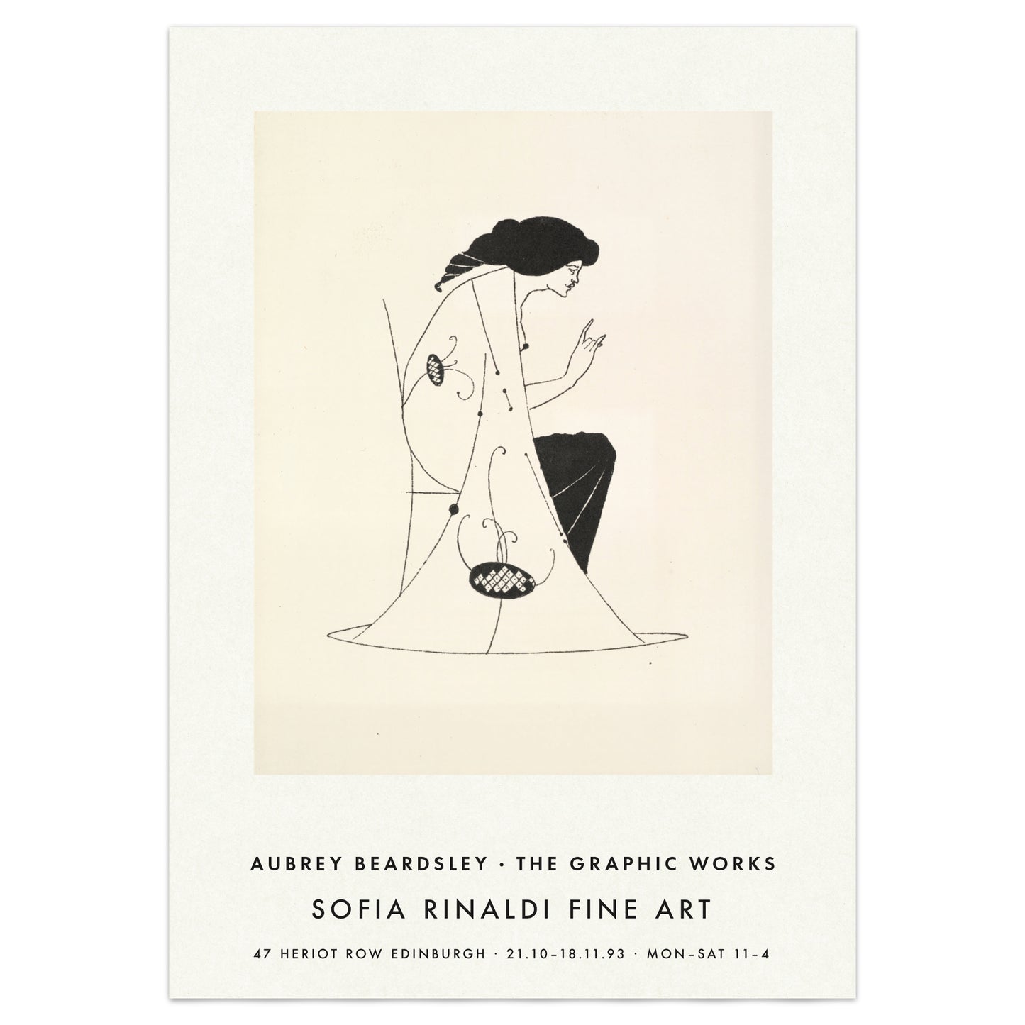 Aubrey Beardsley 'Seated Lady' exhibition poster, a black and white Art Nouveau line drawing of a seated woman