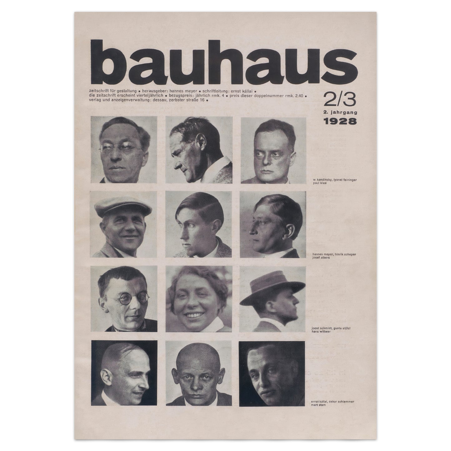 A Bauhaus magazine or booklet cover from 1928, featuring the Bauhaus logo at the top, issue details '2/3 1. Jahrgang 1928', and a grid of black-and-white portrait photographs of architects and designers.