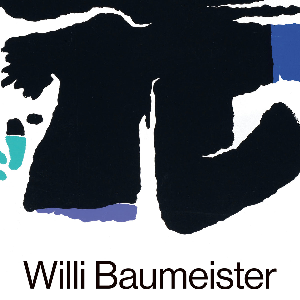 A minimalist graphic print featuring a large abstract black silhouette on a white background, with a small blue and teal shape on the left and a blue shape on the upper right. The text 'Willi Baumeister' is printed in black at the bottom.