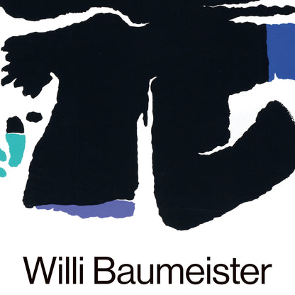 A minimalist graphic print featuring a large abstract black silhouette on a white background, with a small blue and teal shape on the left and a blue shape on the upper right. The text 'Willi Baumeister' is printed in black at the bottom.