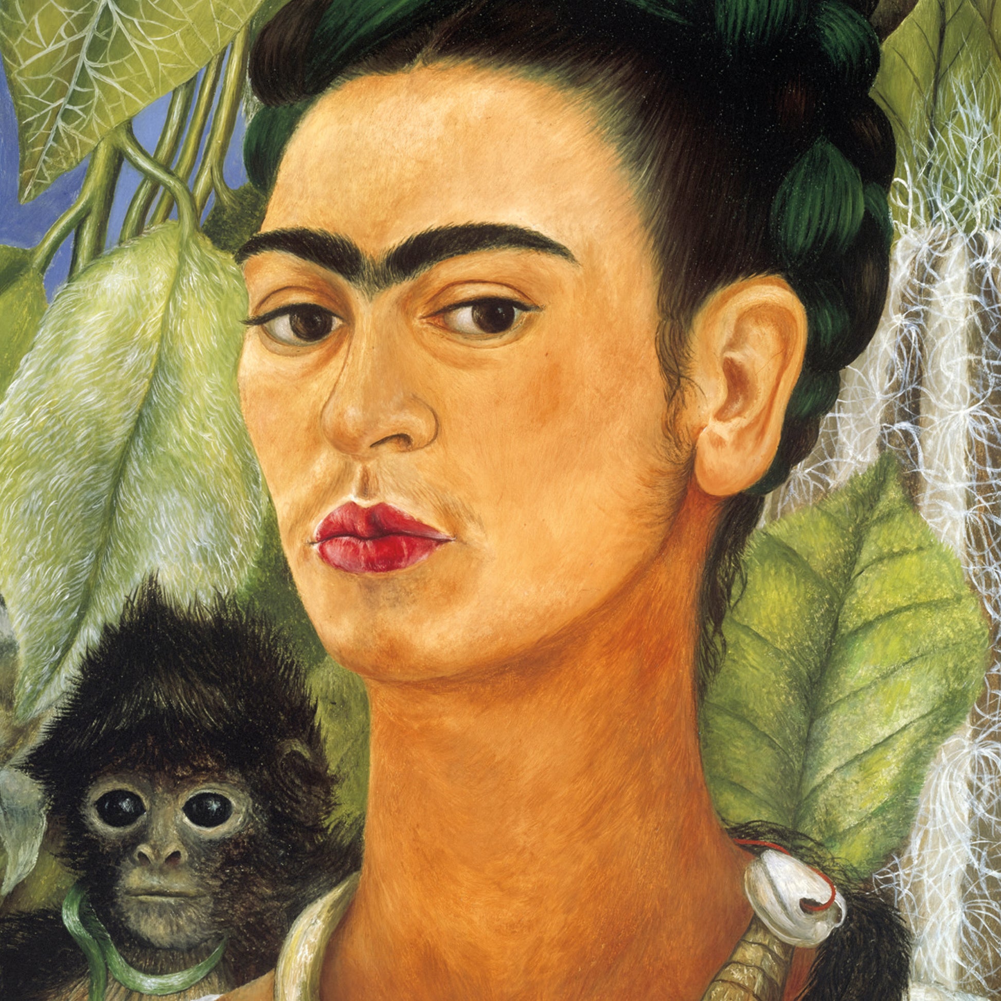 Frida Kahlo's self-portrait with a monkey and green leaves in the background