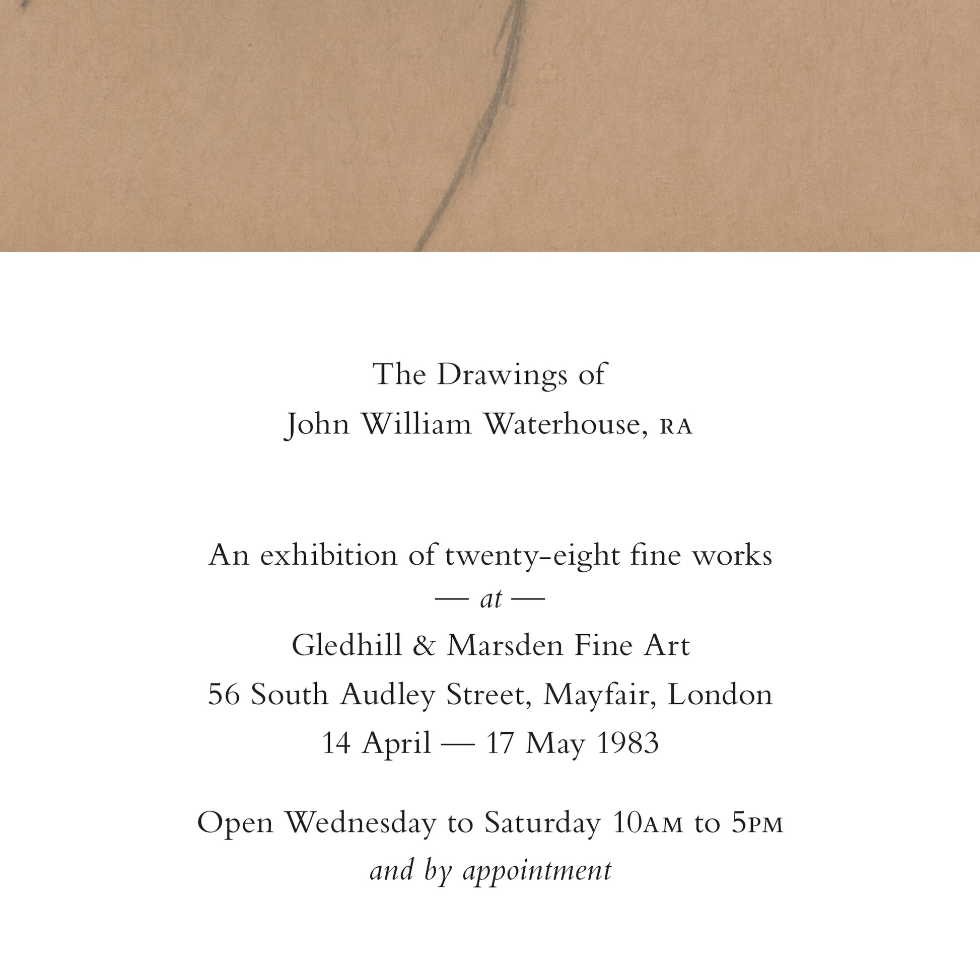 Invitation card for an art exhibition of John William Waterhouse's drawings at Gledhill & Marsden Fine Art.