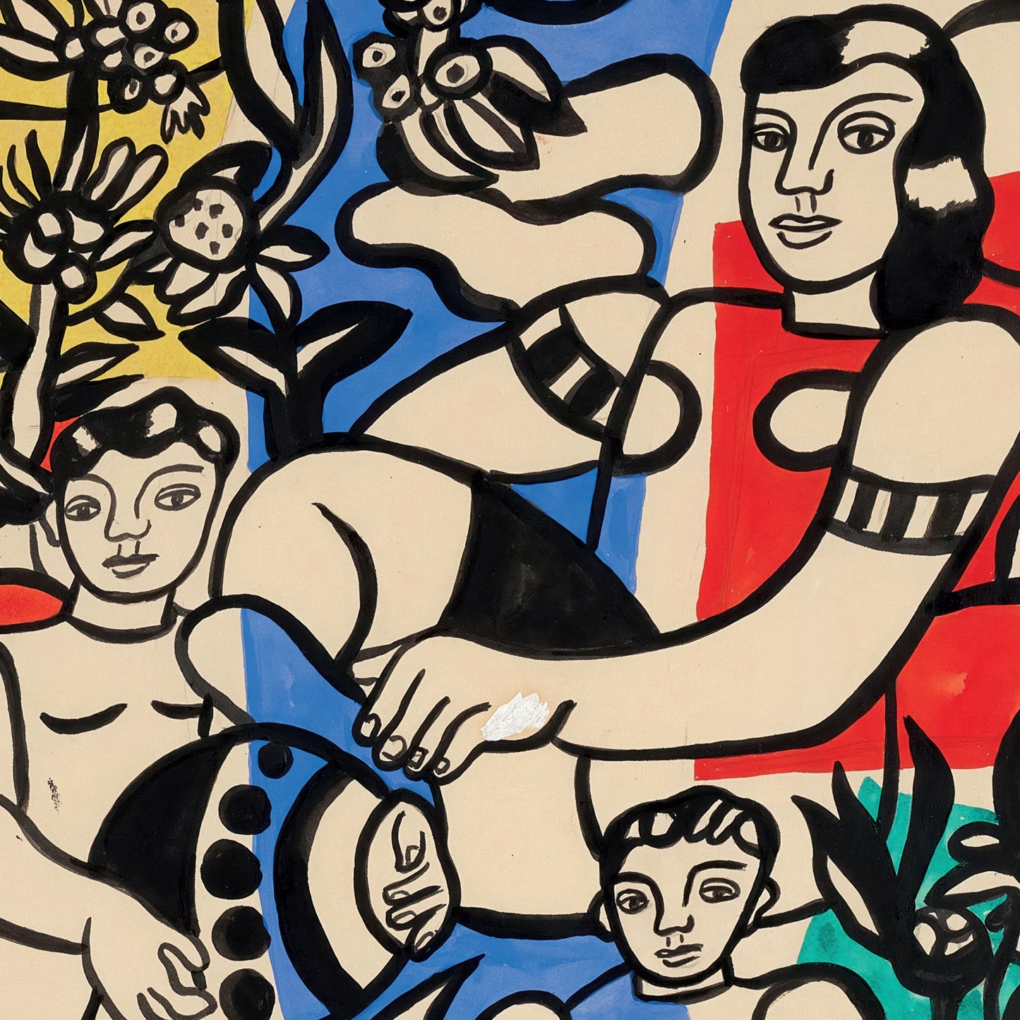 Abstract artwork with figures, flowers, and geometric shapes on a colorful background
