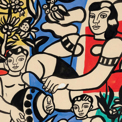 Abstract artwork with figures, flowers, and geometric shapes on a colorful background