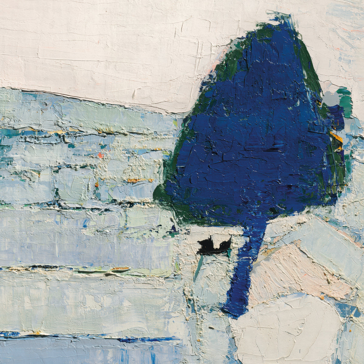 An abstract textured painting featuring a prominent dark blue tree-like silhouette on the right, set against a background of layered light blue, white, and pale beige brushstrokes.