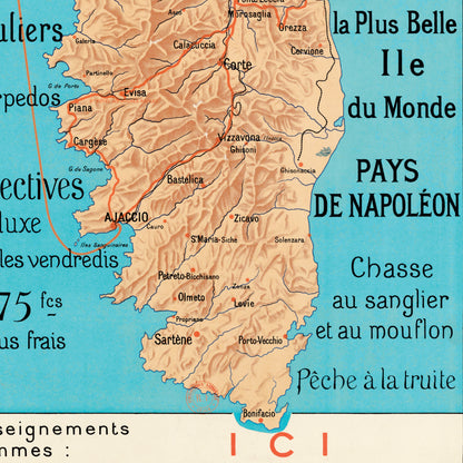 Map of Corsica with text overlay on a blue background