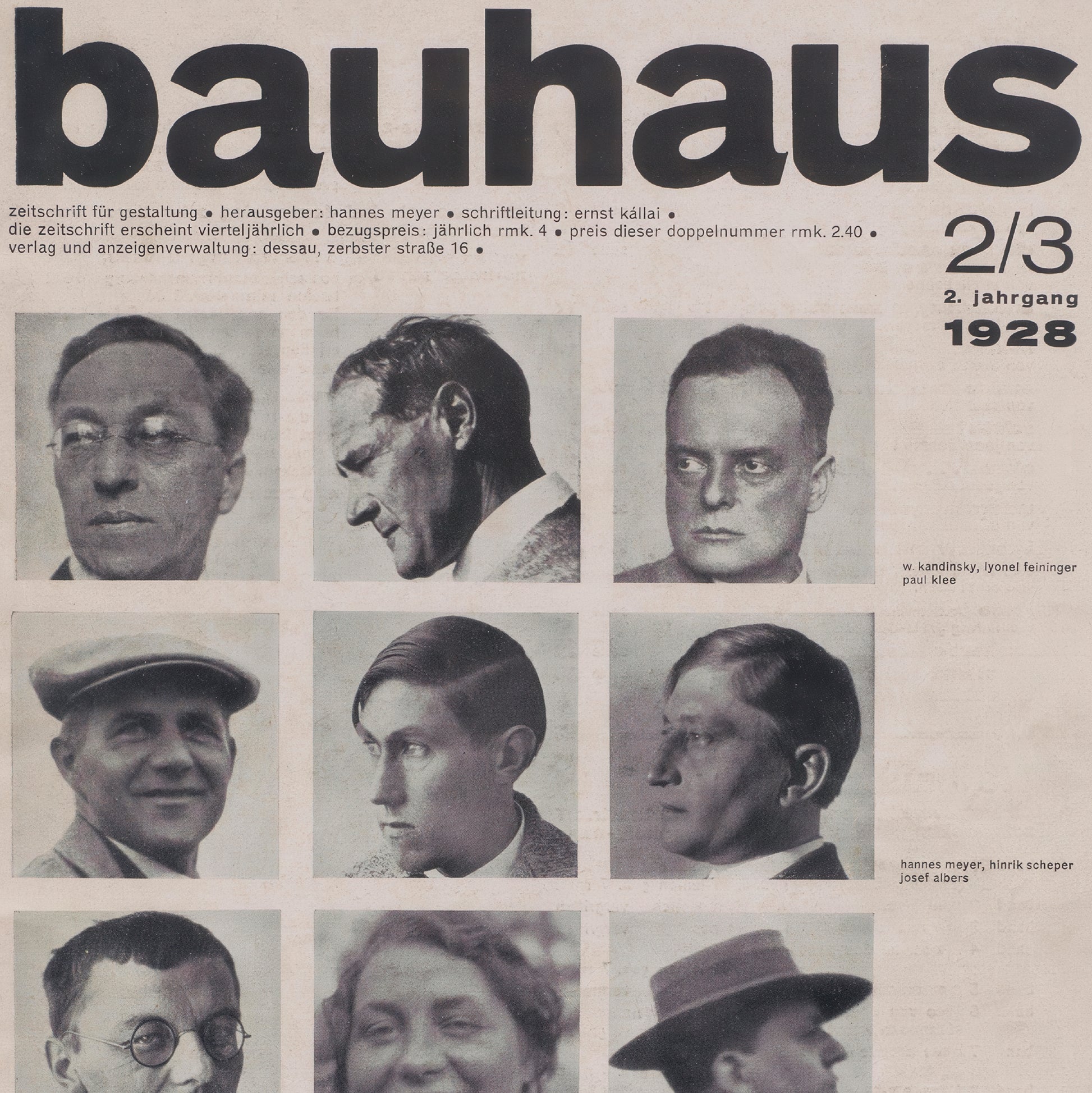 Vintage magazine cover titled 'bauhaus' with nine black-and-white portrait photos arranged in a grid and German text, including '2/3', 'jahrgang 1928', and artist names.