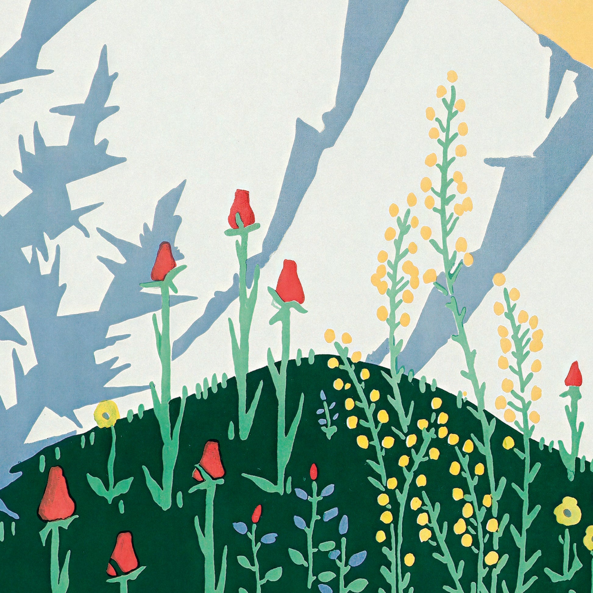 A stylized landscape illustration featuring a dark green hill covered in red and yellow wildflowers, with blue-gray tree silhouettes and a pale sky behind them.