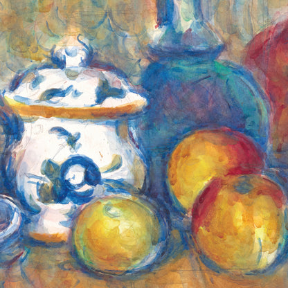 Colorful still life painting with jars and fruits