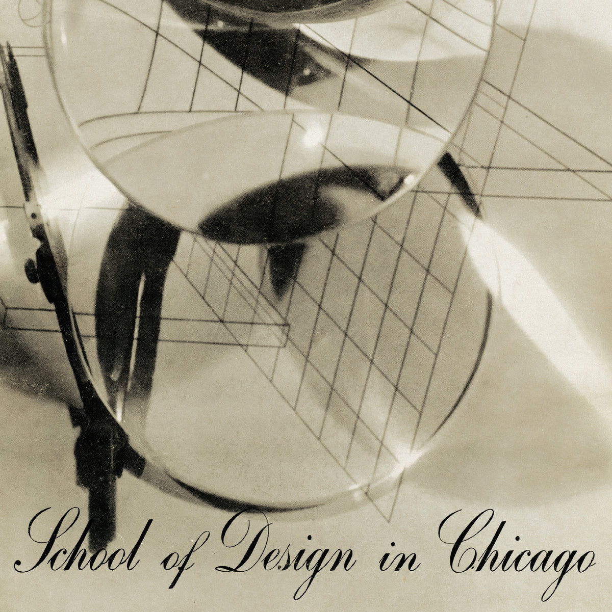A sepia-toned graphic with a large glass beaker or measuring vessel over a grid, plus the text 'School of Design in Chicago' at the bottom.