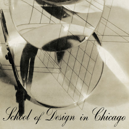 A sepia-toned graphic with a large glass beaker or measuring vessel over a grid, plus the text 'School of Design in Chicago' at the bottom.