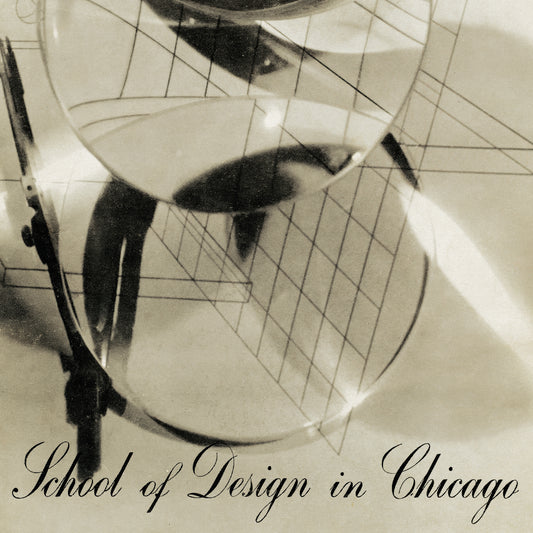 A sepia-toned graphic with a large glass beaker or measuring vessel over a grid, plus the text 'School of Design in Chicago' at the bottom.