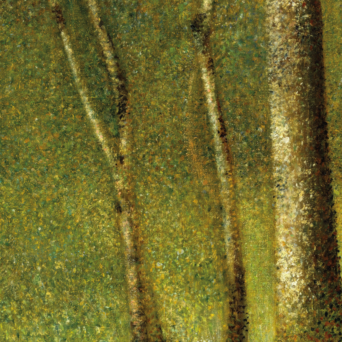 Close-up of an impressionist-style painting depicting tree trunks and a textured green and yellow forest background.