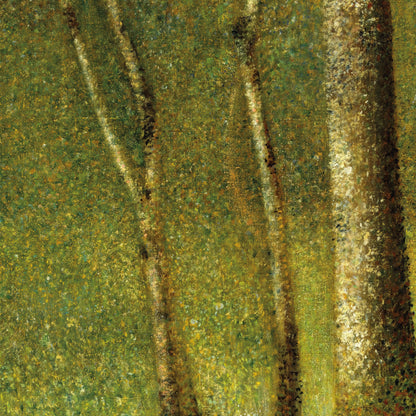 Close-up of an impressionist-style painting depicting tree trunks and a textured green and yellow forest background.