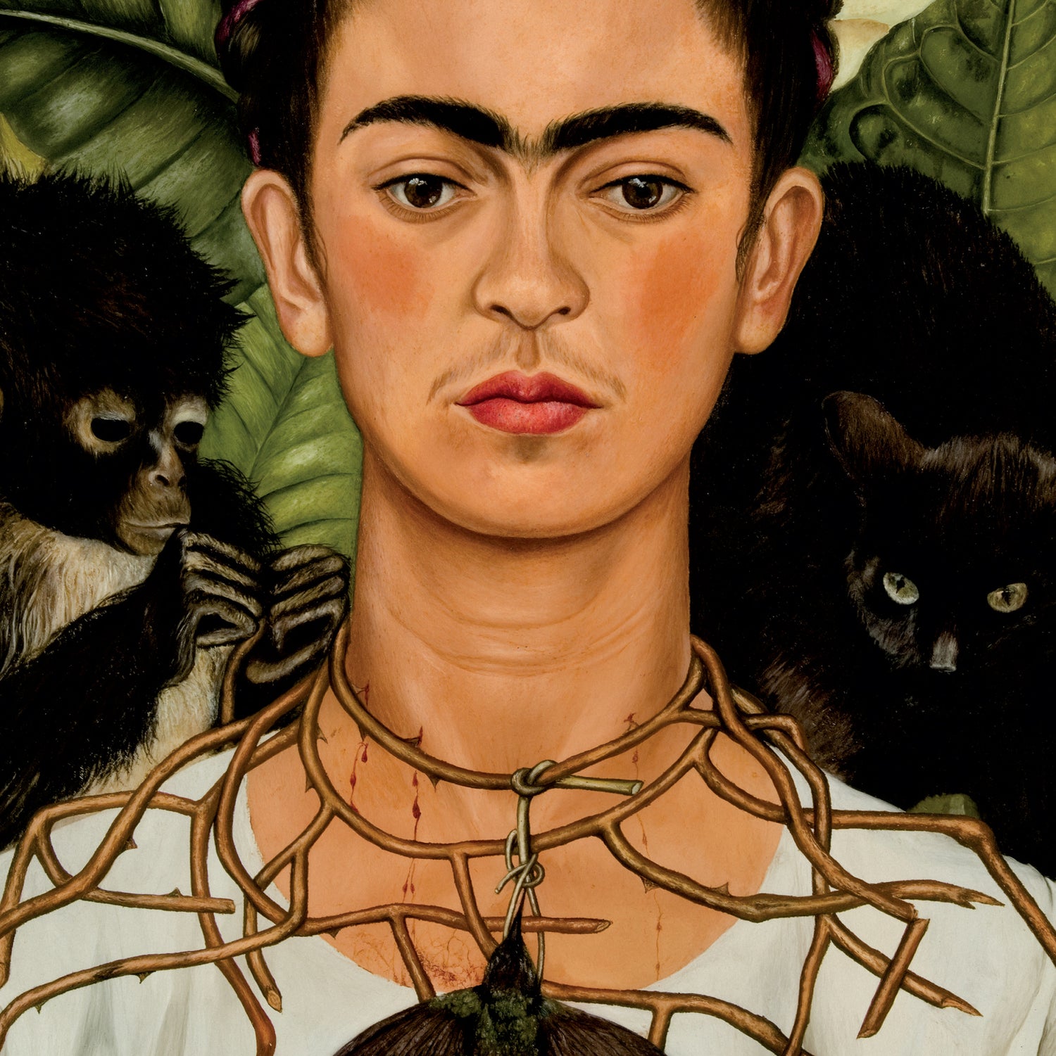 Frida Kahlo self-portrait with a monkey and a black cat