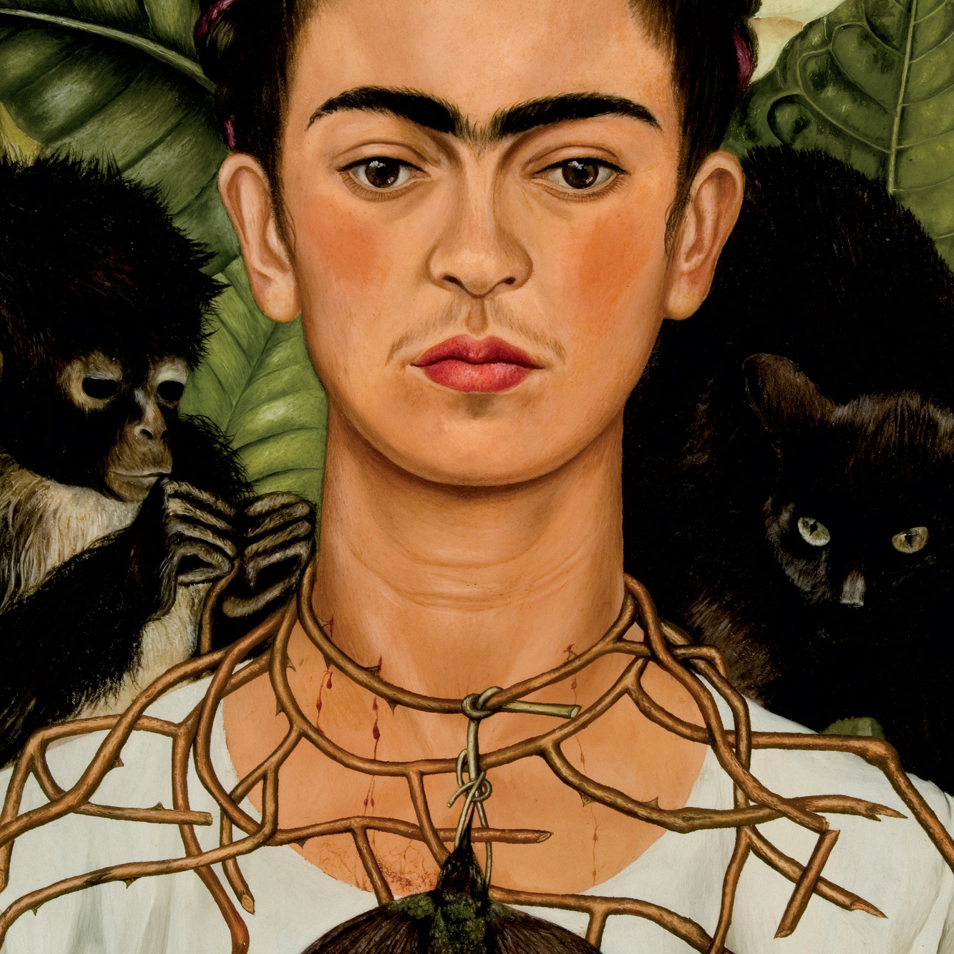 Frida Kahlo self-portrait with a monkey and a black cat