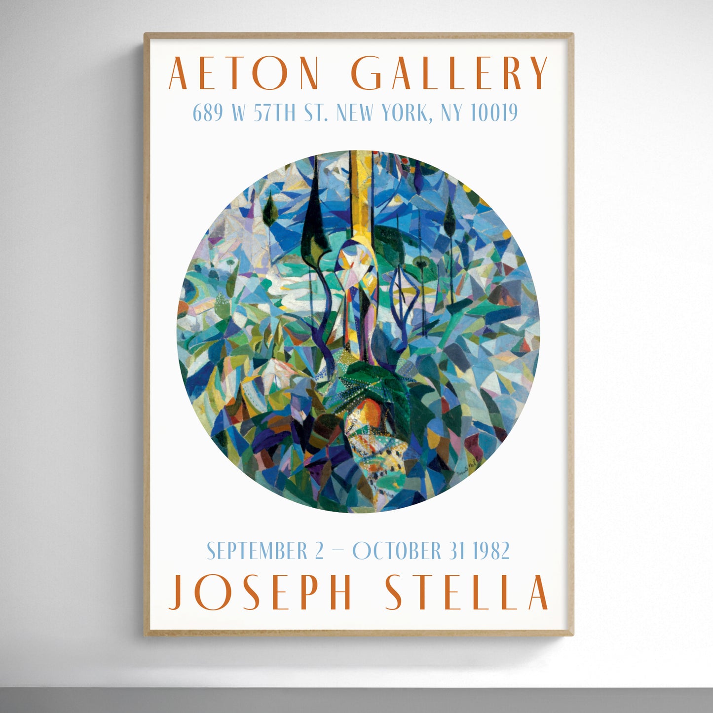 Period-style exhibition poster featuring Joseph Stella 'Coney Island' (1914) in a circular format