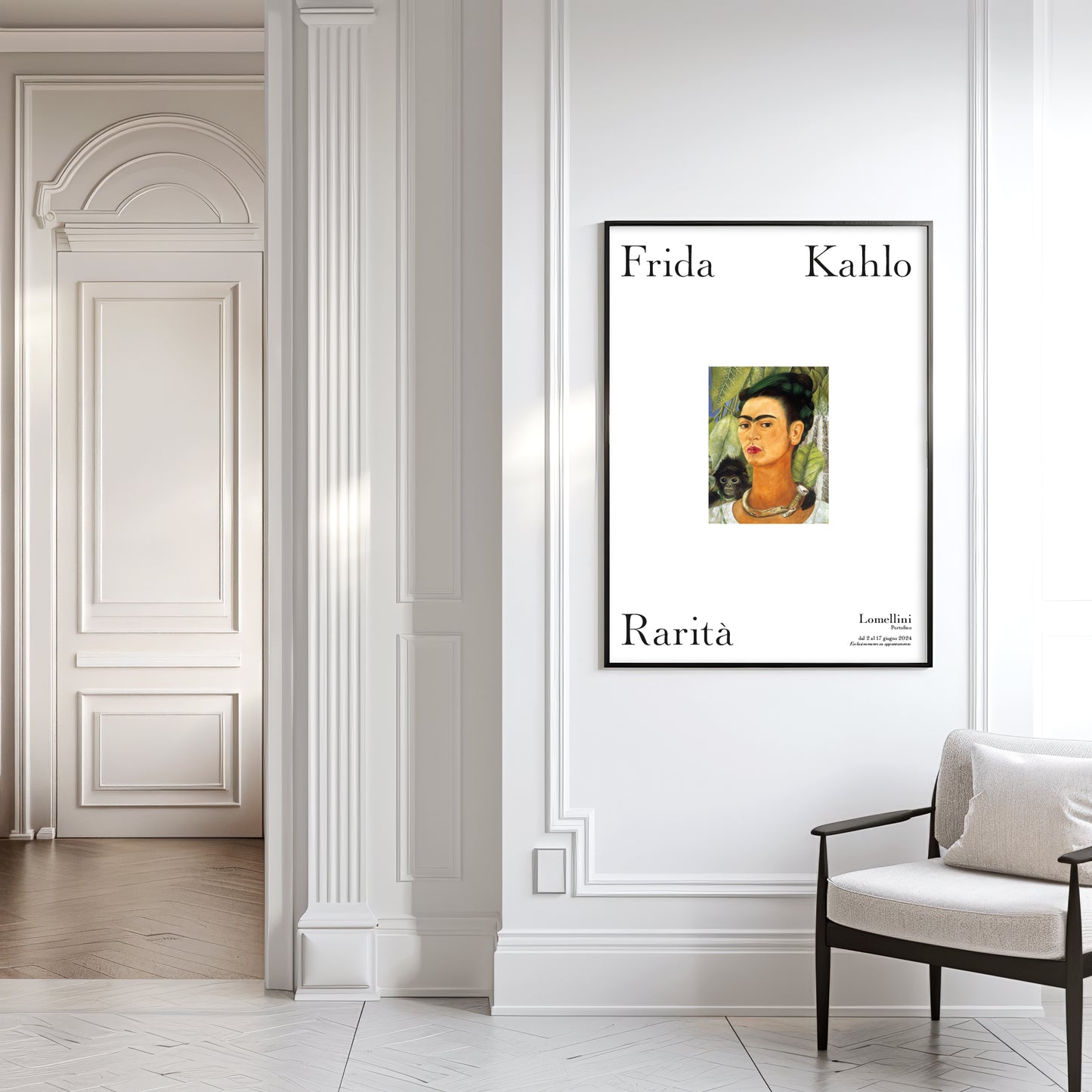 Framed artwork of Frida Kahlo on a wall in a stylish interior setting with a chair.