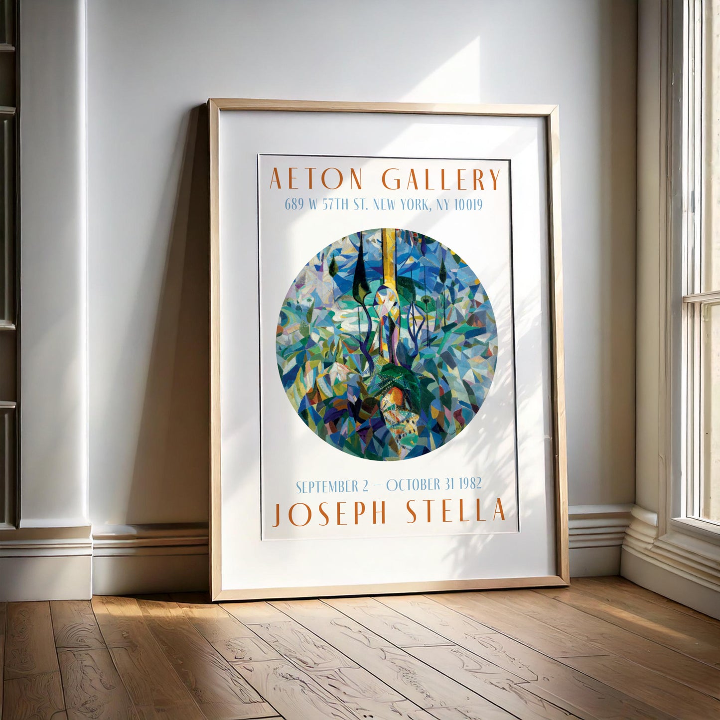 Period-style exhibition poster featuring Joseph Stella 'Coney Island' (1914) in a circular format